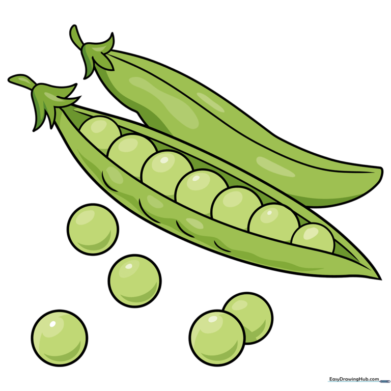 Colorful, finished illustration of cartoon peas in a pod.