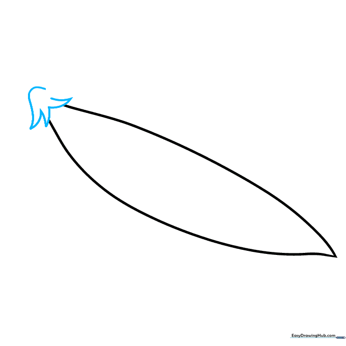Adding small V-shaped leafy details to the top of the pea pod sketch.