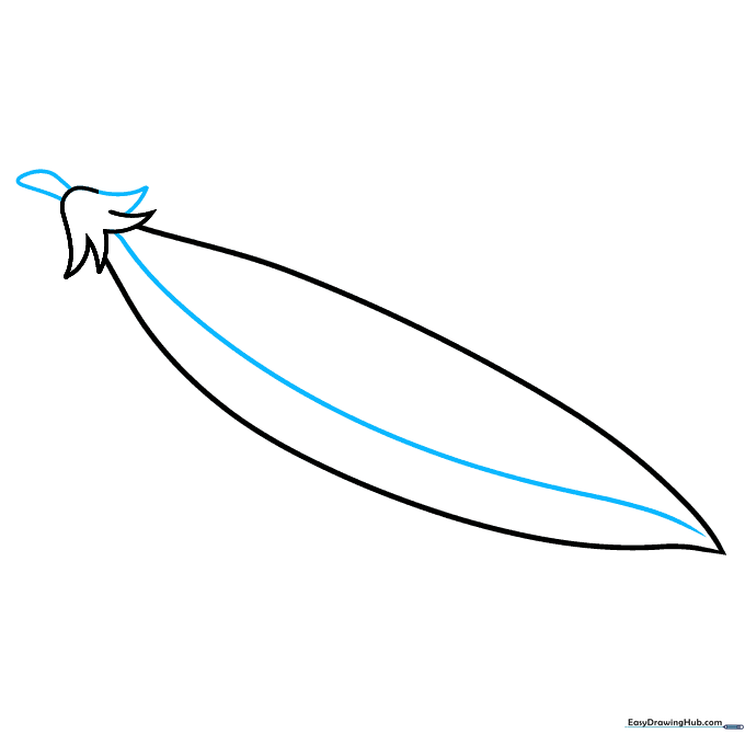 Drawing the stem at the top and a long curved seam line running down the side of the pod.
