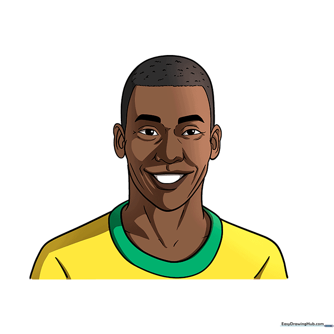 The final colored portrait of Pelé wearing his iconic yellow and green jersey.