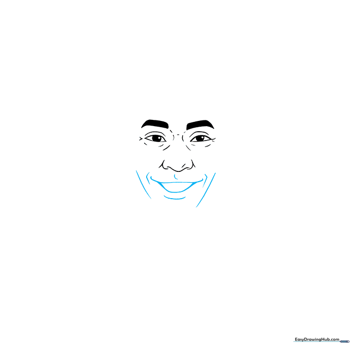 Sketching the mouth area with a wide, smiling expression using curved lines.