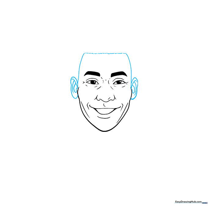 Drawing the ears on the sides of the head with internal anatomical details.