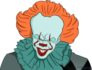 A high-quality, finished drawing of Pennywise the clown, showing detailed makeup and collar.