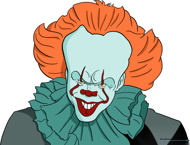 A high-quality, finished drawing of Pennywise the clown, showing detailed makeup and collar.