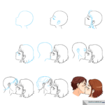 A colorful, finished anime-style drawing of a couple sharing a kiss.