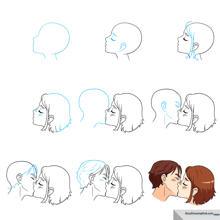 A colorful, finished anime-style drawing of a couple sharing a kiss.