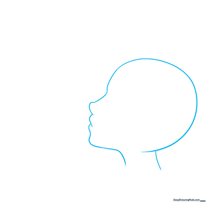 Line drawing of a female anime character's side profile showing the forehead, nose, and chin outline.