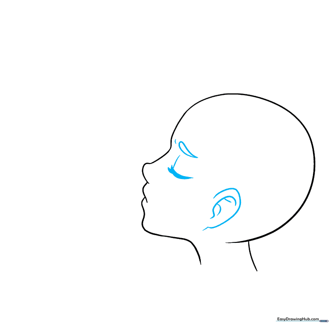 Close-up sketch of an anime character's side profile with a closed eye, eyebrow, and ear added.