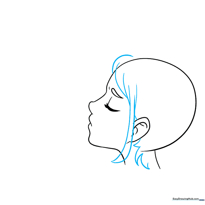 Drawing of anime hair strands added to the side profile of the female character.
