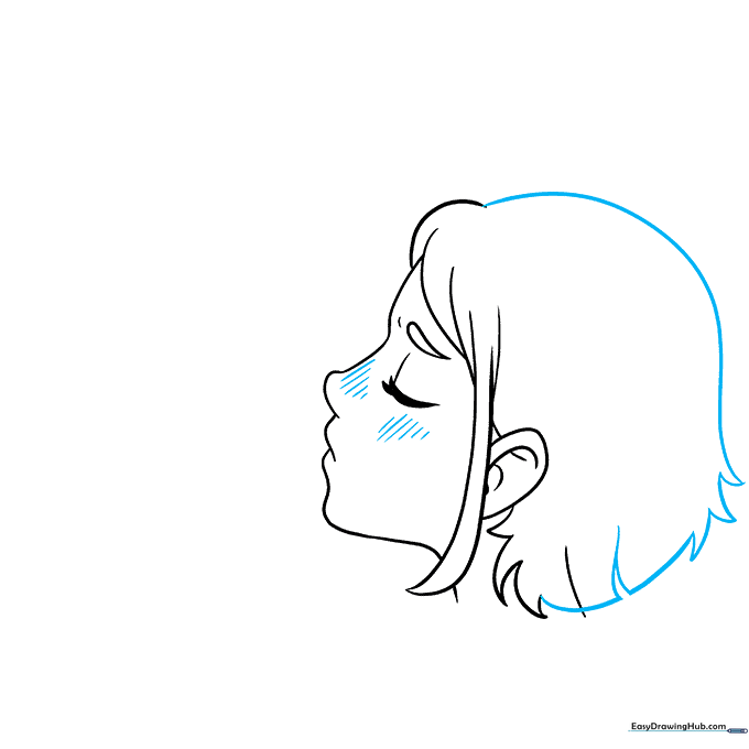 Refined drawing of the female character with blush marks on the cheek.