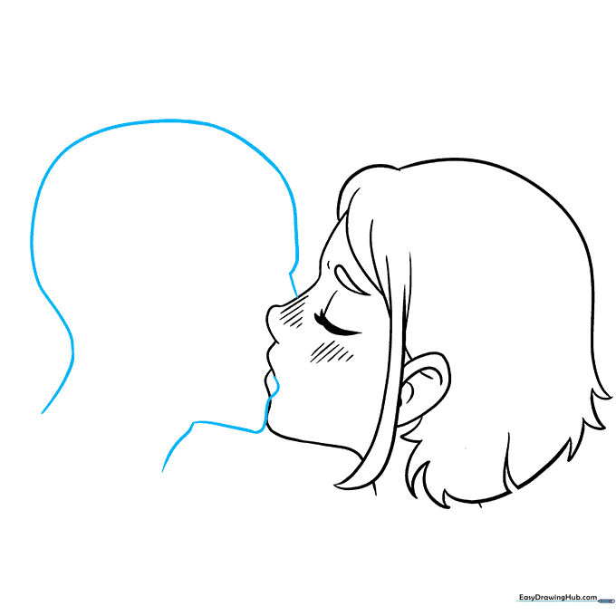 Sketch showing the male character's face profile being added to the existing female profile.