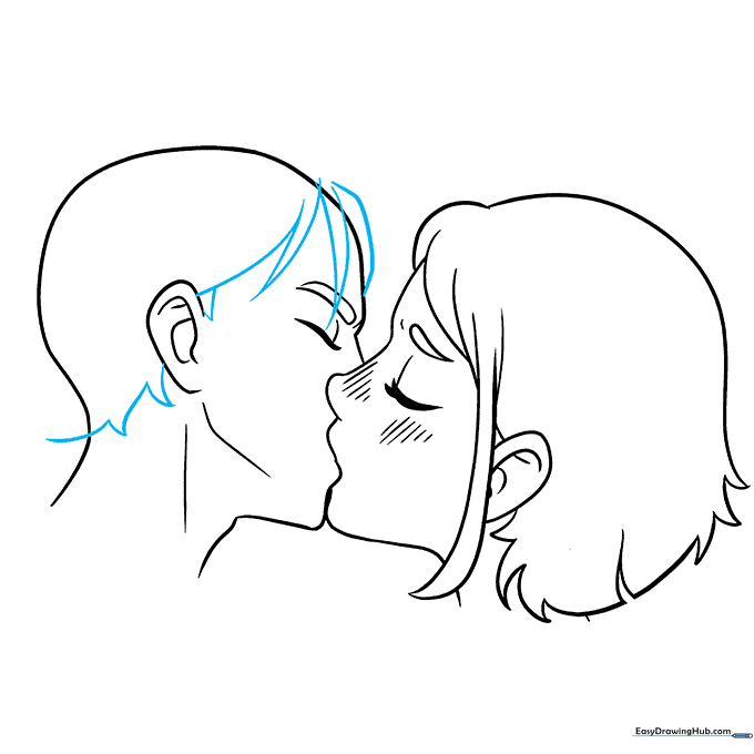 Drawing of spiky anime hair added to the male character's head.