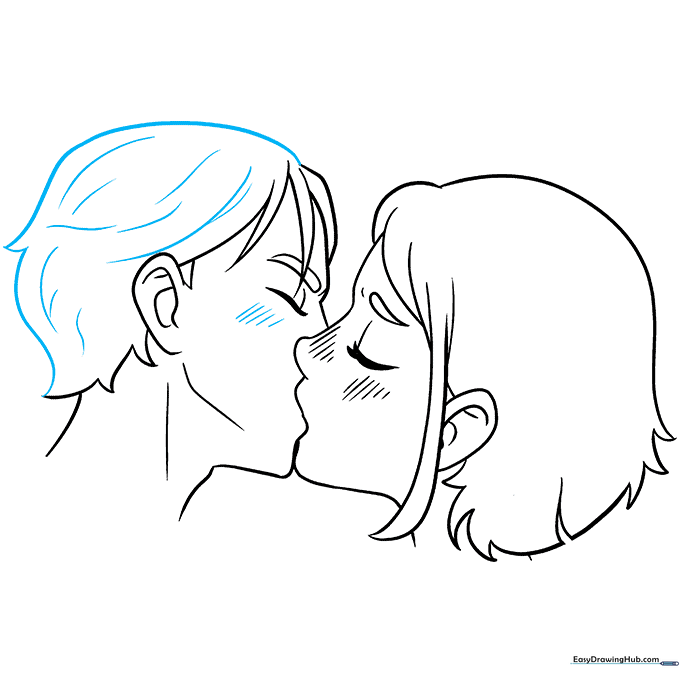 Final line art of the kissing couple with clean lines and blush marks.
