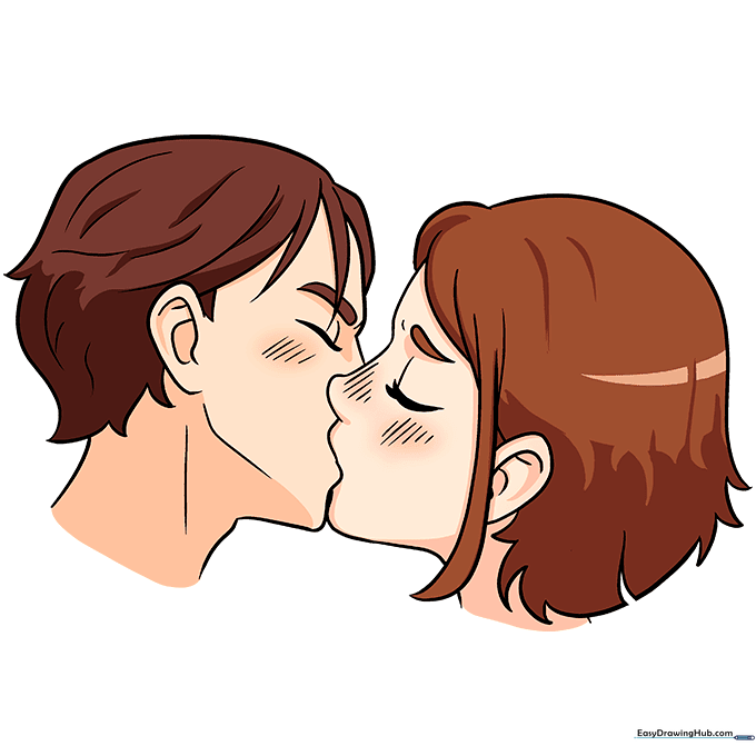 Finished, colored illustration of the anime couple kissing.