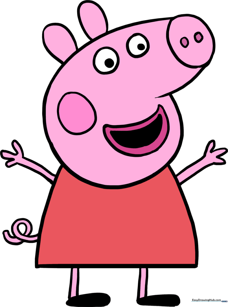 A colorful, finished illustration of Peppa Pig standing, used as the main guide image.