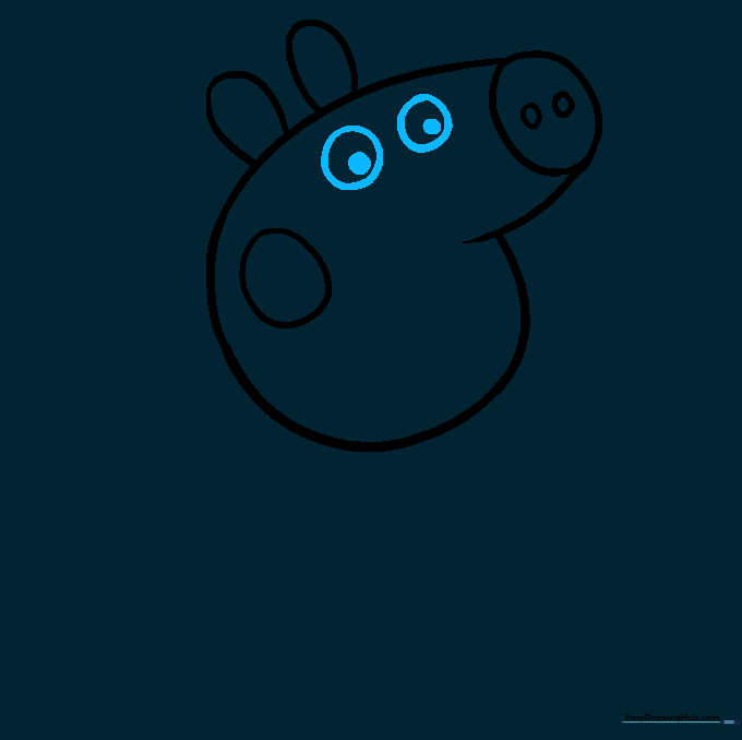 Peppa Pig's eyes drawn as two circles with pupils inside.