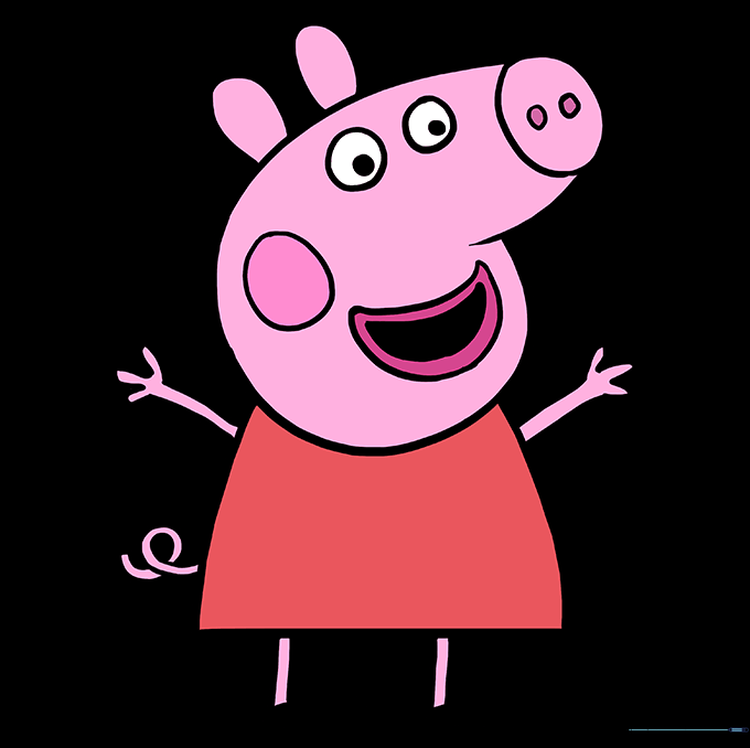A fully colored drawing of Peppa Pig with pink skin and a red dress.