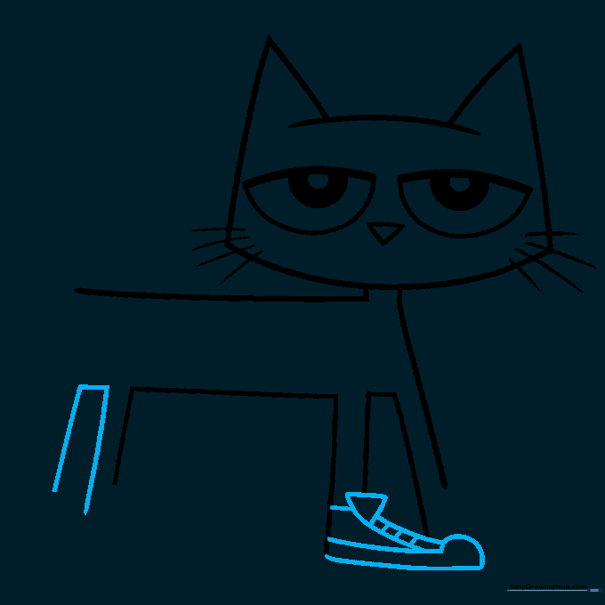 Detailed view of Pete the Cat's front paw wearing a sneaker with laces.