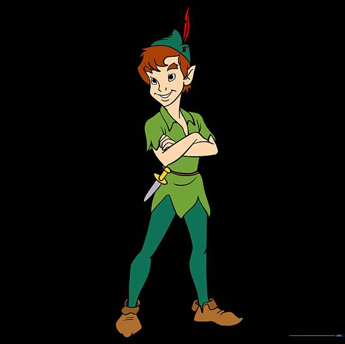 Finished, colored drawing of Peter Pan wearing his signature green outfit.