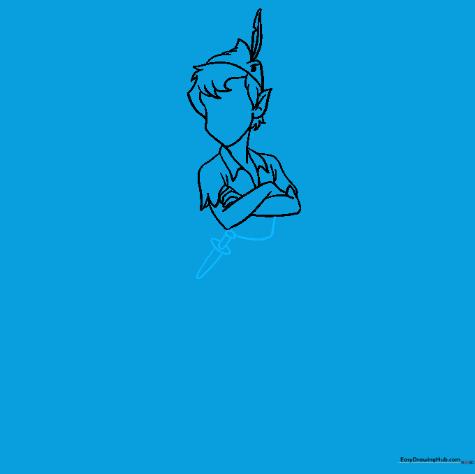 Sketch of Peter Pan's torso with a small knife attached to his belt area.