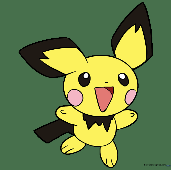 Finished Pichu drawing fully colored in yellow, red, and black.