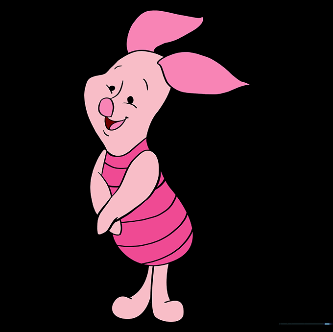 The final colored drawing of Piglet showing his pink body and striped jumper.