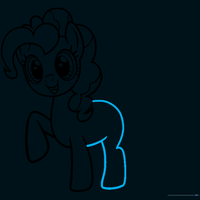 Outlining the back, belly, and rear legs of the pony.