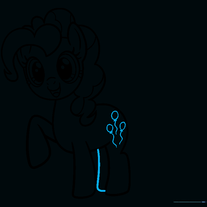 Adding the final leg and the three-balloon cutie mark on the pony's flank.