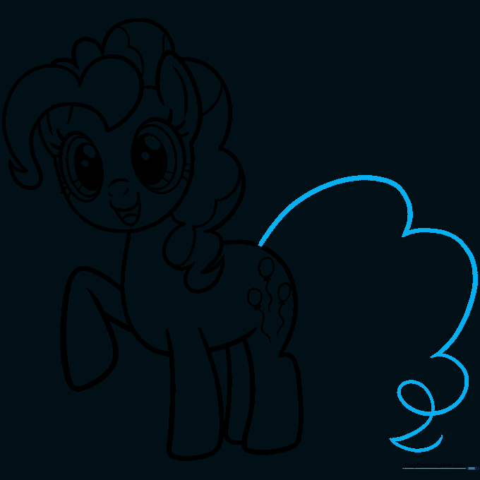 Drawing the initial spiral shape for Pinkie Pie's long, curly tail.