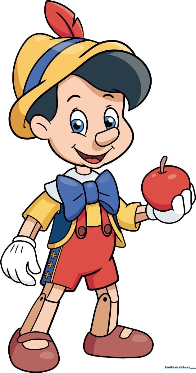 Colorful, finished drawing of Pinocchio standing and smiling.
