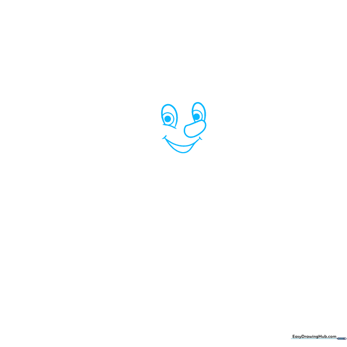 Pencil sketch of Pinocchio's face showing eyes, nose, and mouth on white background.