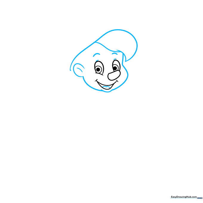 Pinocchio drawing showing added eyebrows, ears, and cap brim details.