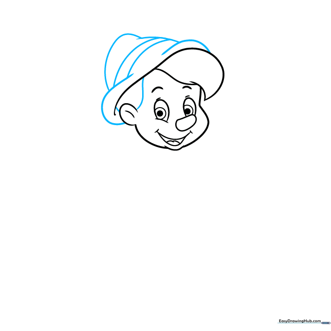 Drawing of Pinocchio's hat and hair with parallel band lines.