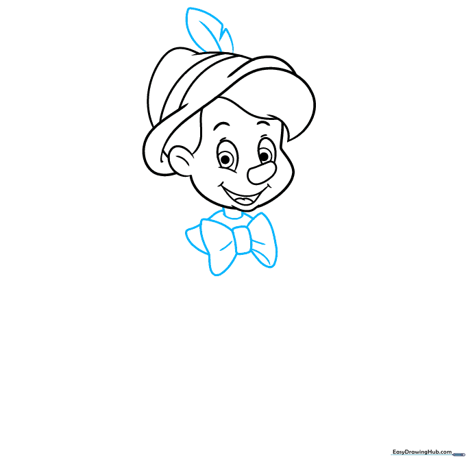 Pinocchio drawing showing the addition of a feather on the hat and a bow tie.