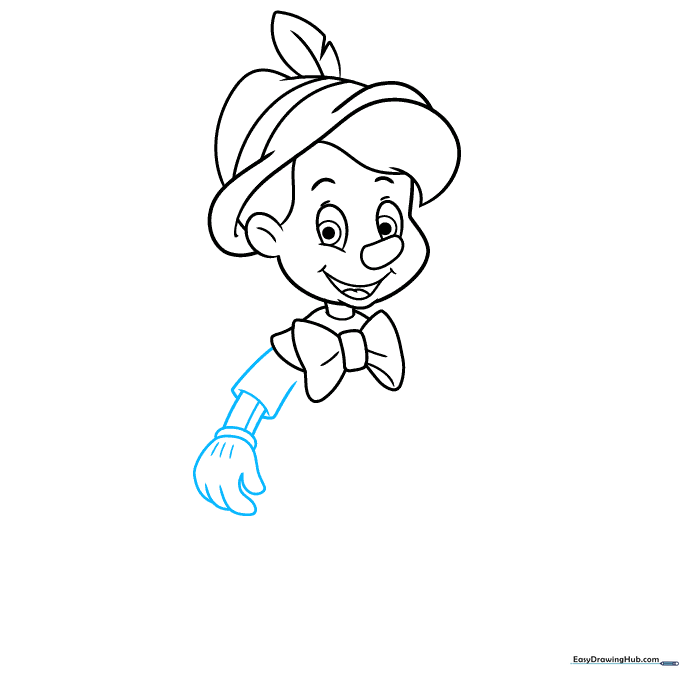 Drawing of Pinocchio's arm and sleeve with a 3D rectangular prism effect.