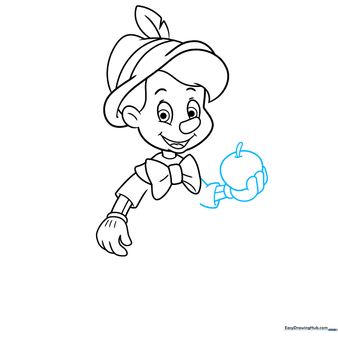Pinocchio holding an apple, showing hand and fruit details.