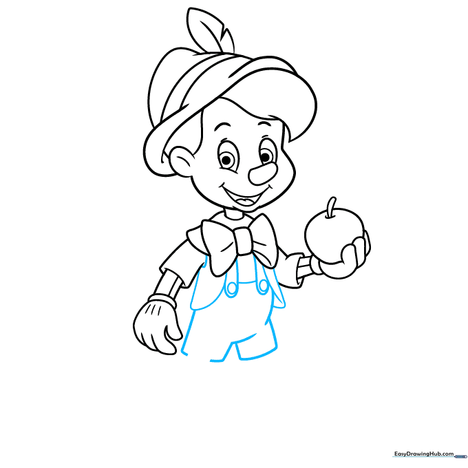 Drawing of Pinocchio's torso showing coat, shorts, and suspender buttons.