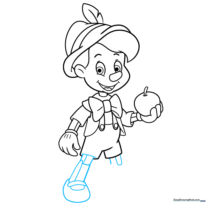 Drawing of Pinocchio's legs and shoes with buckle details.
