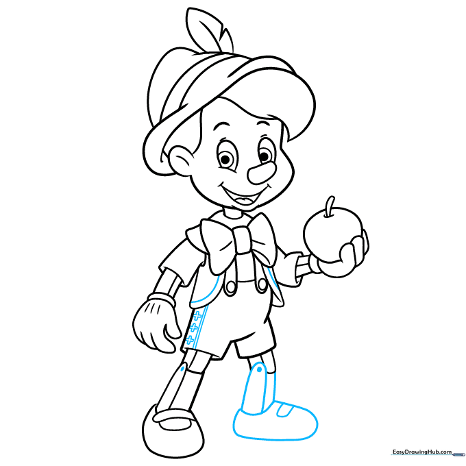 Completed line art of Pinocchio with clothing patterns and details.