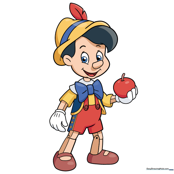 Fully colored illustration of Pinocchio in classic outfit.