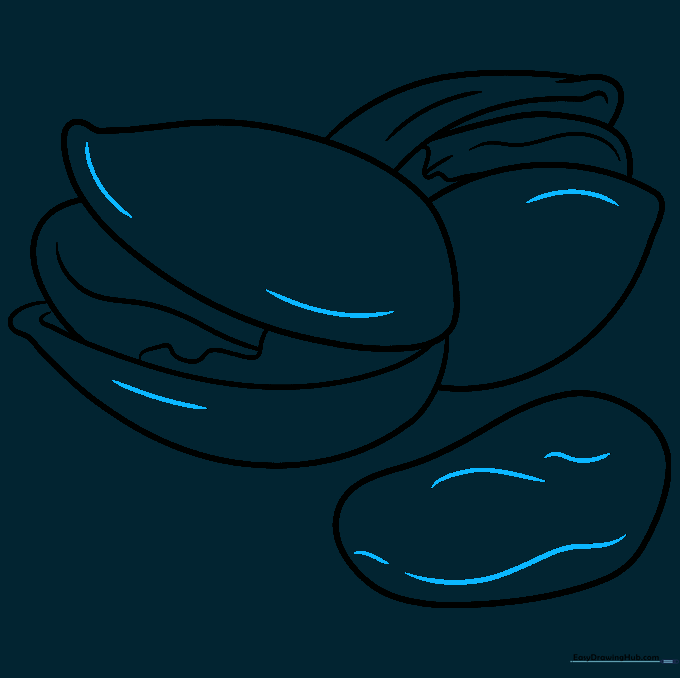 Finalizing the drawing with texture lines on all three pistachio elements.