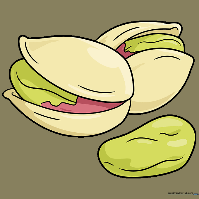 Colored illustration of three pistachios in tan shells with green nuts.