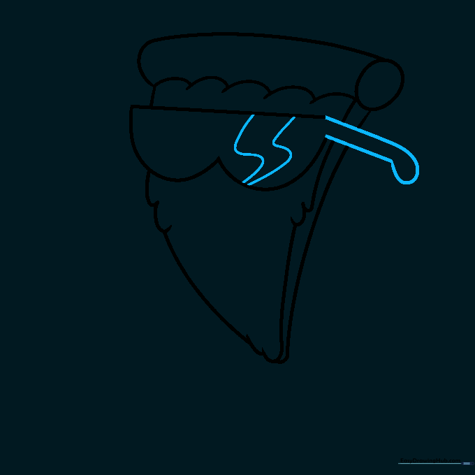 Close up of sunglasses on the pizza slice showing added frame details and lens glare.