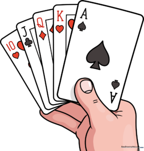 A colorful, finished illustration of a hand holding a fanned-out deck of playing cards.
