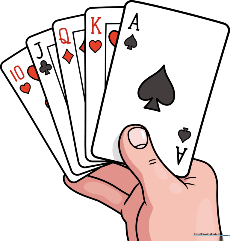 A colorful, finished illustration of a hand holding a fanned-out deck of playing cards.