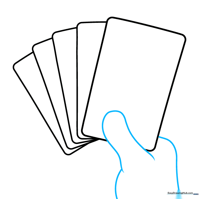A hand outline appearing to hold the base of the playing cards, focusing on the thumb shape.