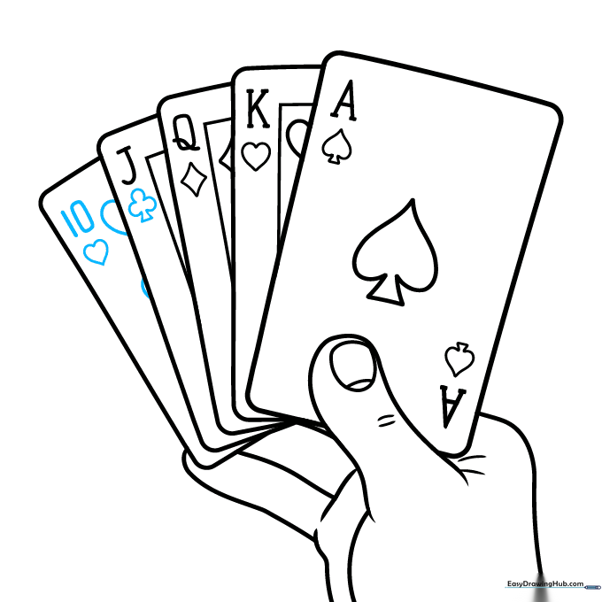 The final card is detailed with a '10' and heart symbols, completing the drawing.