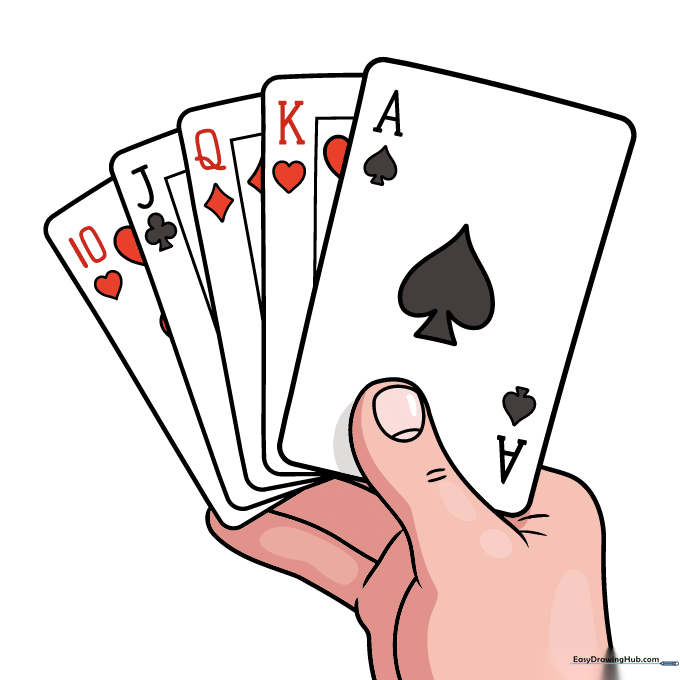 The finished playing cards drawing, fully colored with traditional red and black suit colors.