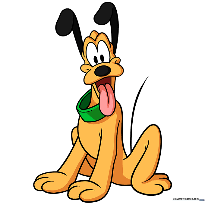 The finished Pluto drawing colored with golden yellow fur and black ears.