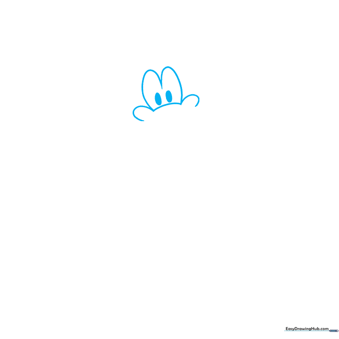 Pencil sketch showing the initial outline of Pluto's eyes and nose bridge on white paper.